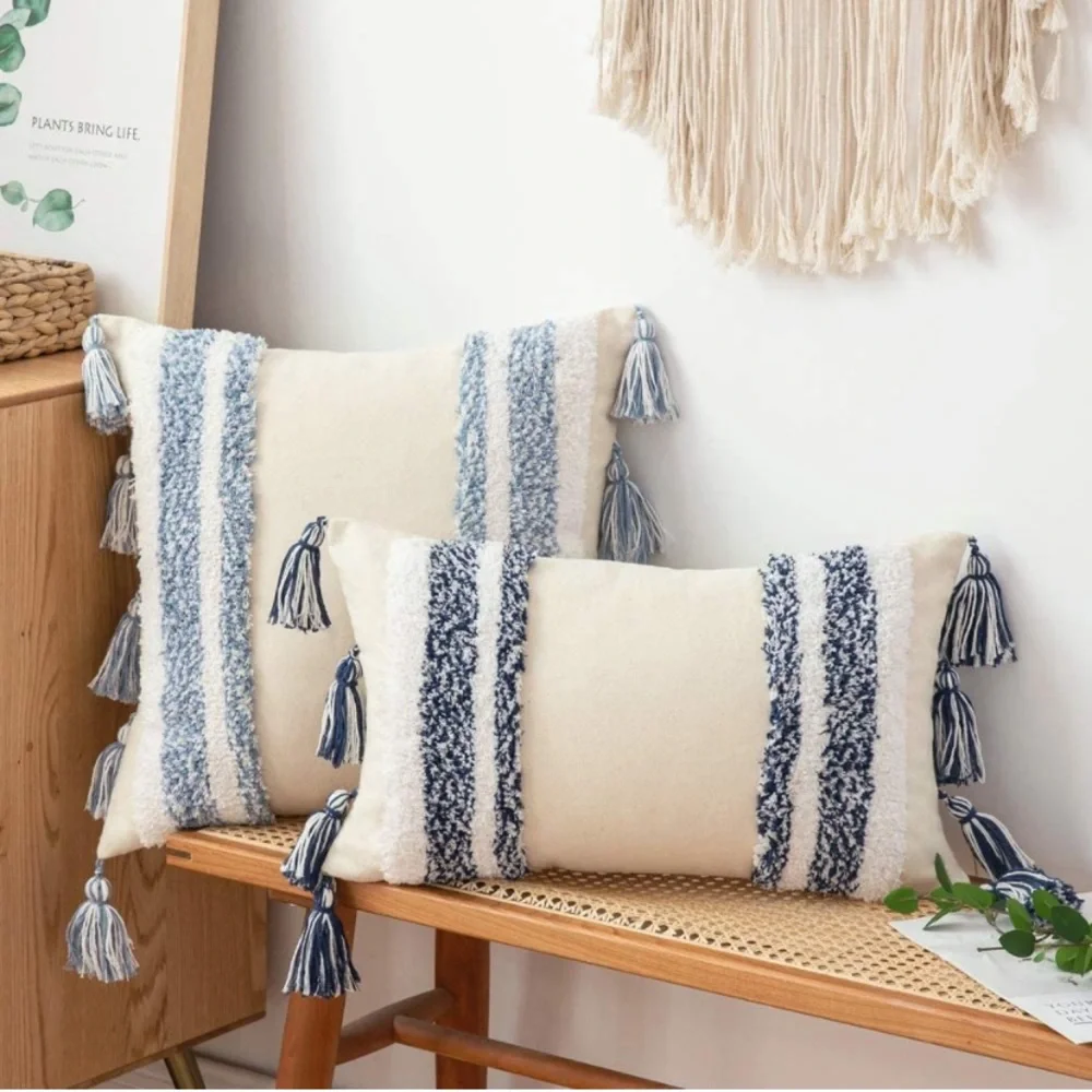Luxury Home | Boho Chic Blue & White Tufted Woven Tassel Lumbar Pillow Cover